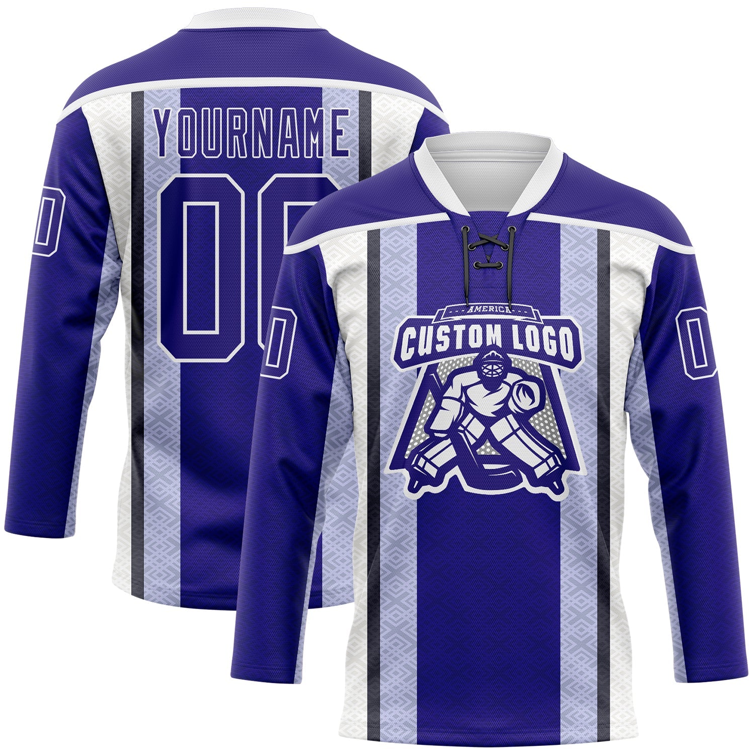 Custom Dark Purple Black-White Stripe Hockey Lace Neck Jersey view 2