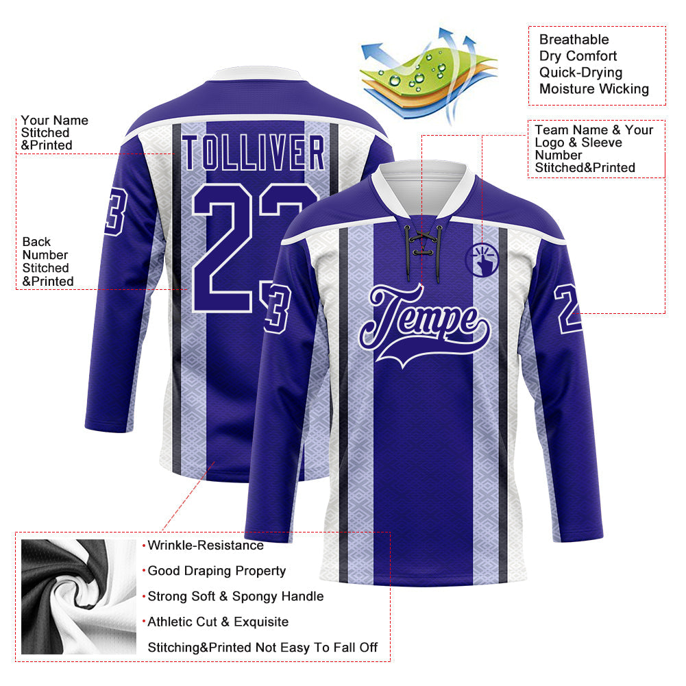 Custom Dark Purple Black-White Stripe Hockey Lace Neck Jersey view 5