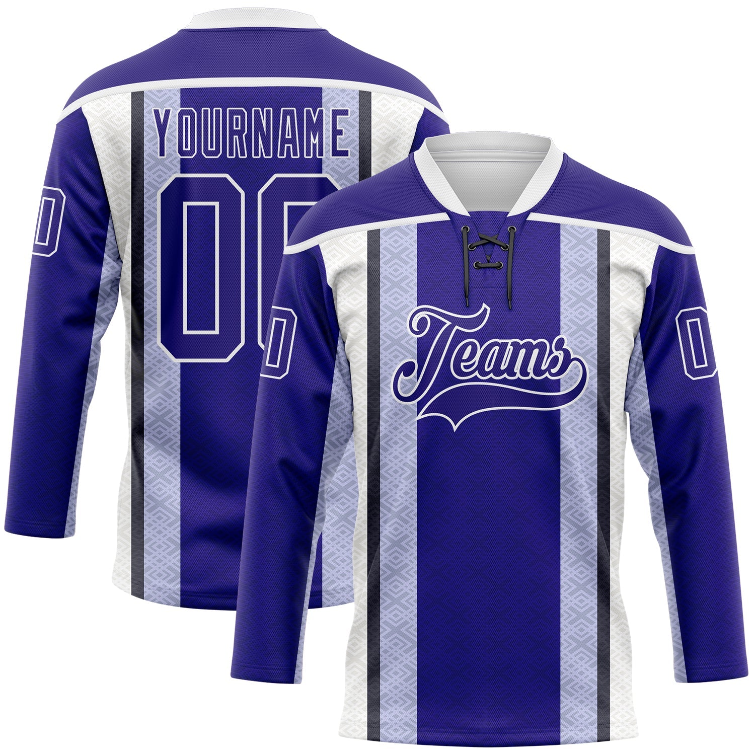 Custom Dark Purple Black-White Stripe Hockey Lace Neck Jersey - Main View