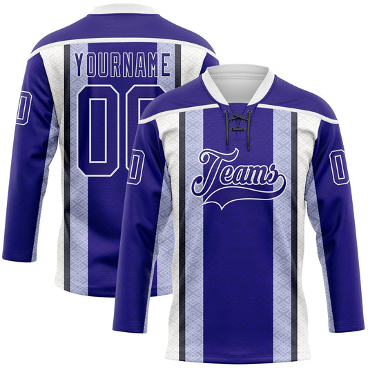 Custom Dark Purple Black-White Stripe Hockey Lace Neck Jersey - Main View