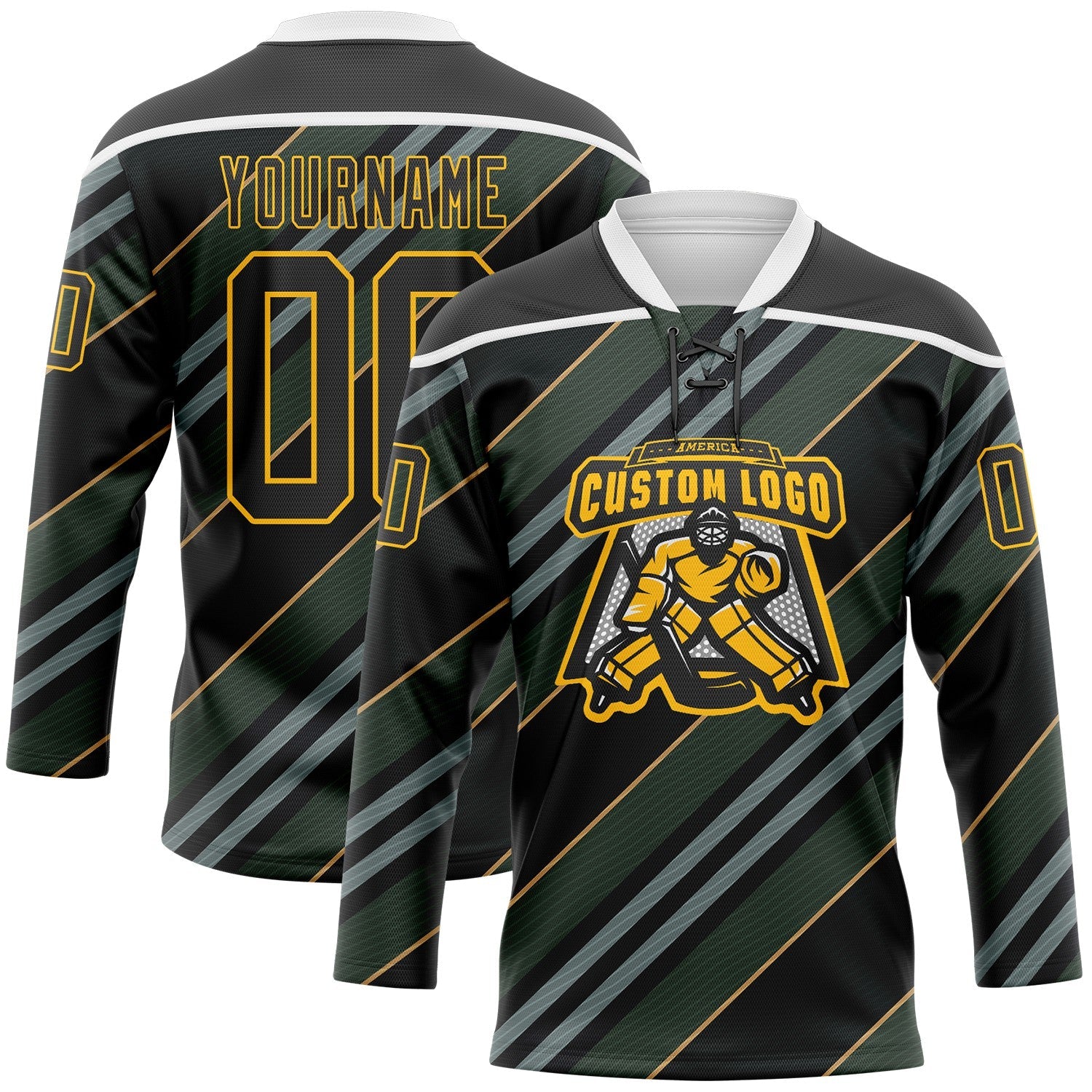 Custom Black Gold-White Stripe Hockey Lace Neck Jersey view 2