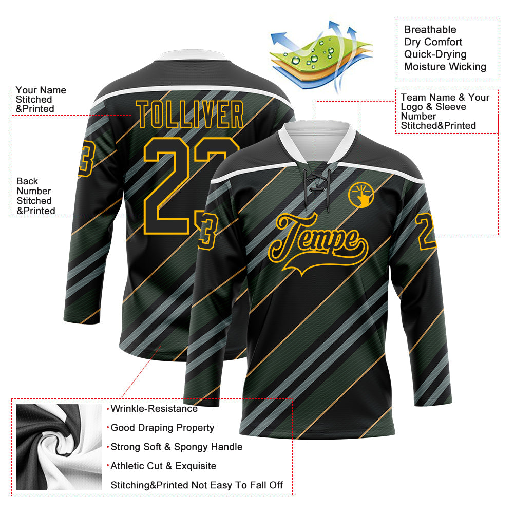 Custom Black Gold-White Stripe Hockey Lace Neck Jersey view 5