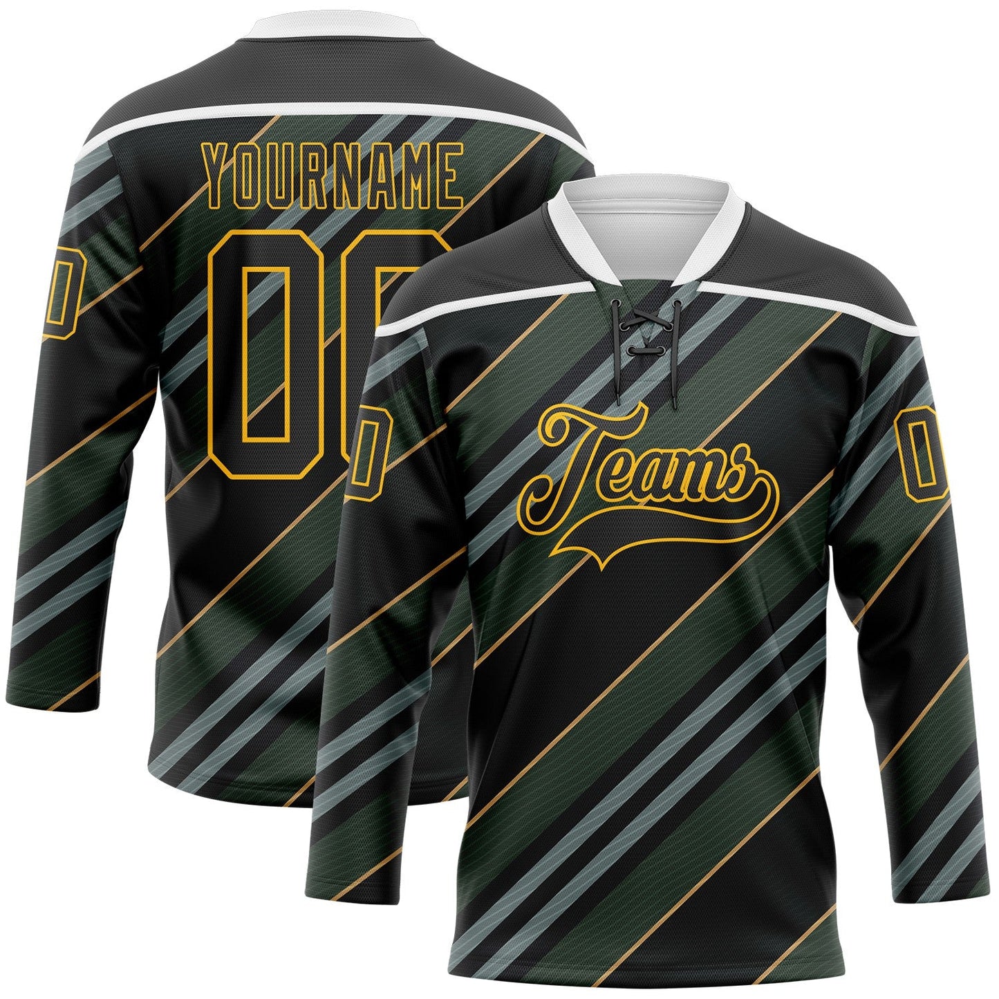 Custom Black Gold-White Stripe Hockey Lace Neck Jersey - Main View
