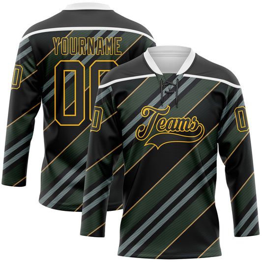 Custom Black Gold-White Stripe Hockey Lace Neck Jersey - Main View