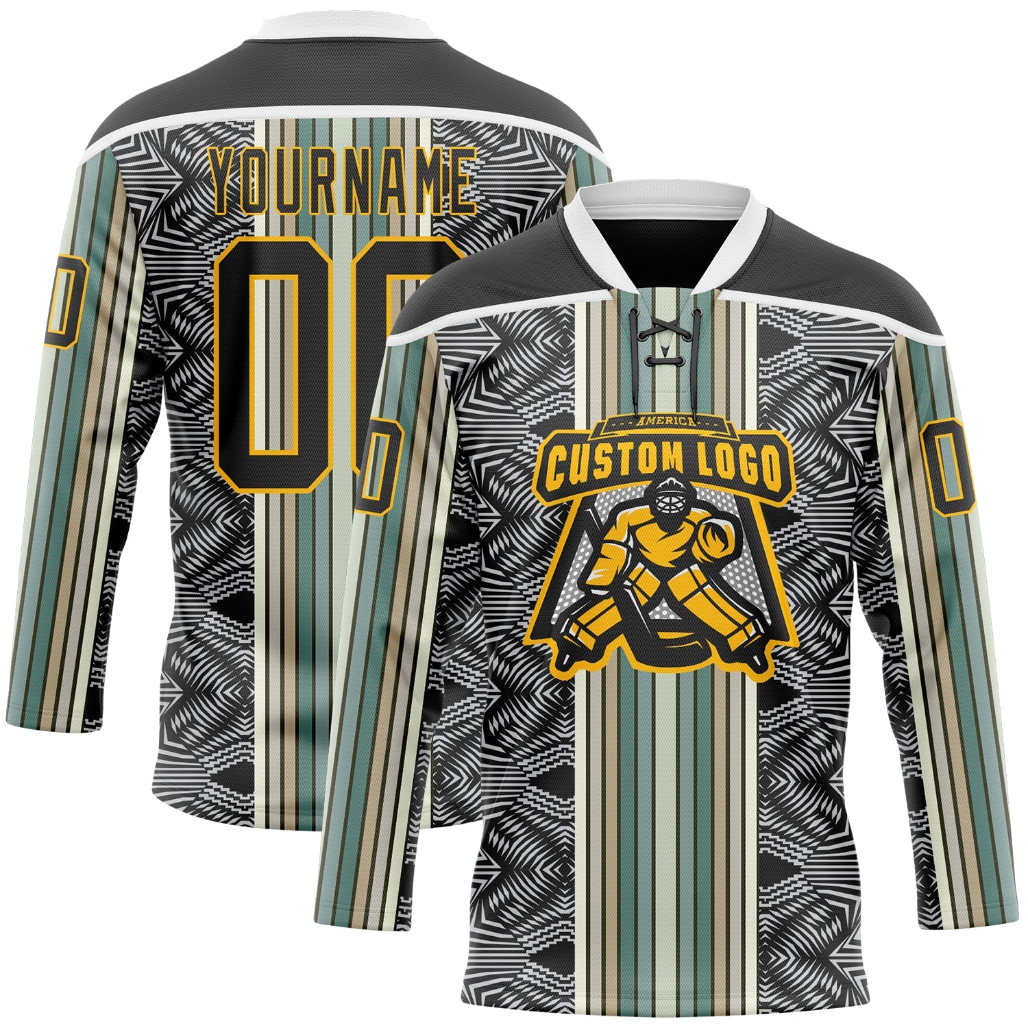 Custom Black Blue Gold-White Stripe Hockey Lace Neck Jersey view 2