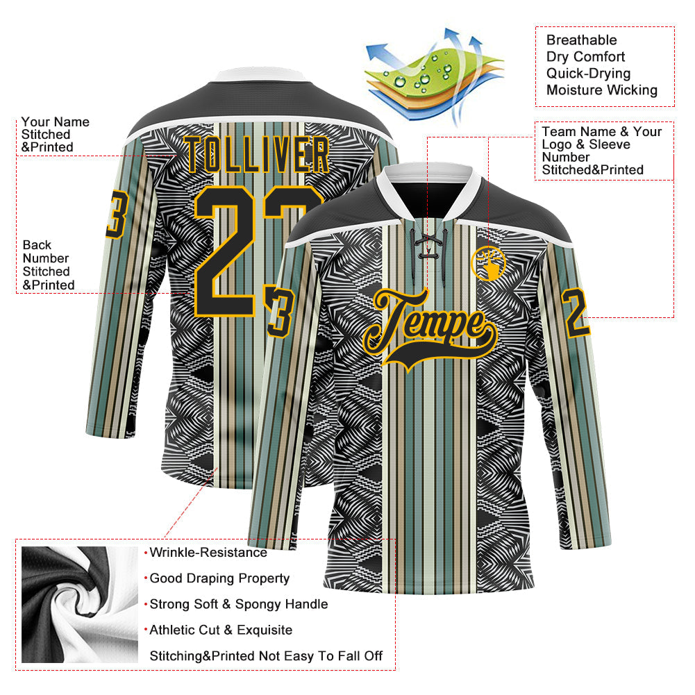 Custom Black Blue Gold-White Stripe Hockey Lace Neck Jersey view 5