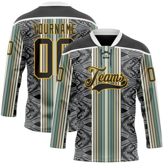 Custom Black Blue Gold-White Stripe Hockey Lace Neck Jersey - Main View