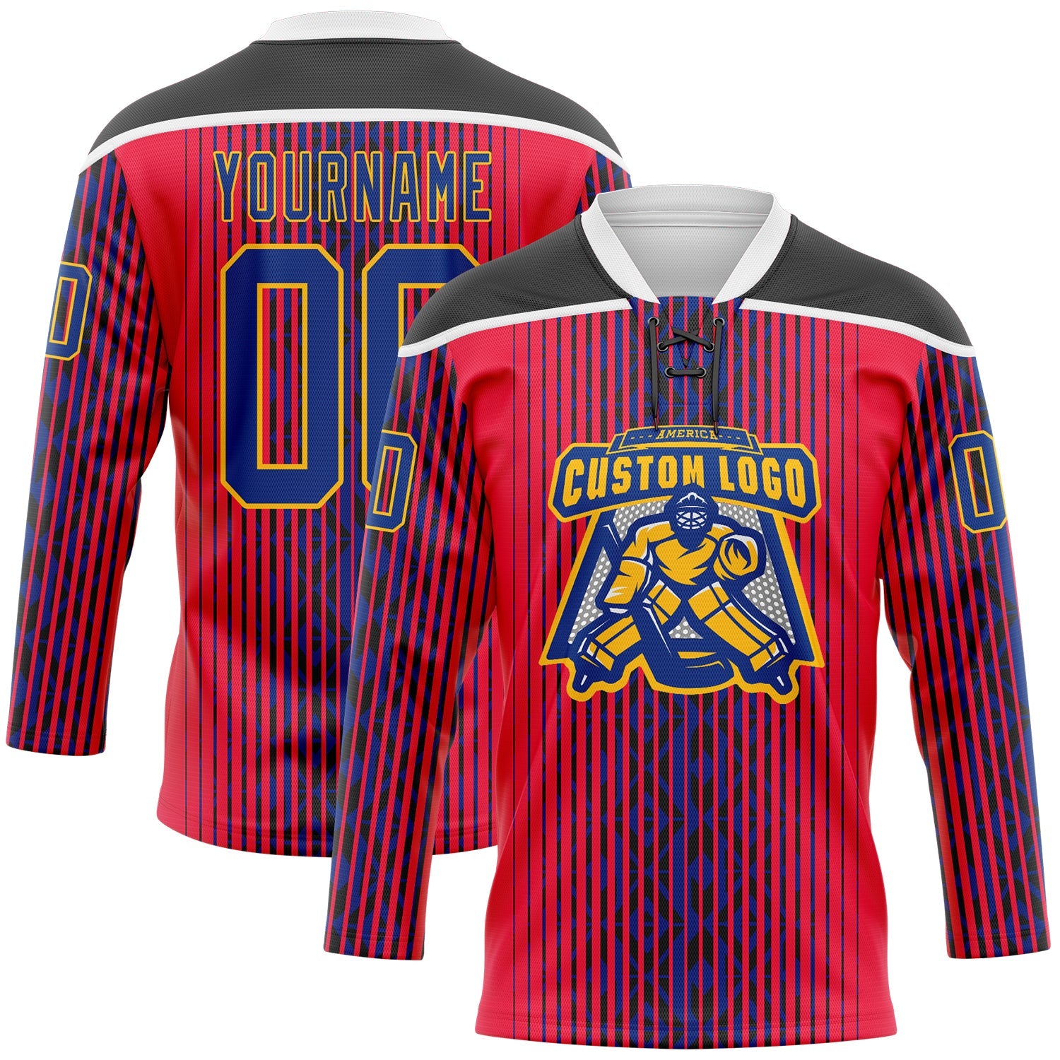 Custom Red Royal Black Gold-White Stripe Hockey Lace Neck Jersey view 2