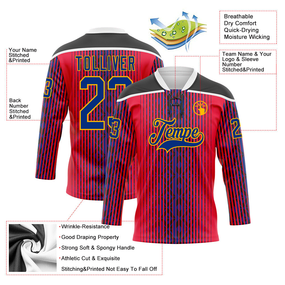 Custom Red Royal Black Gold-White Stripe Hockey Lace Neck Jersey view 5