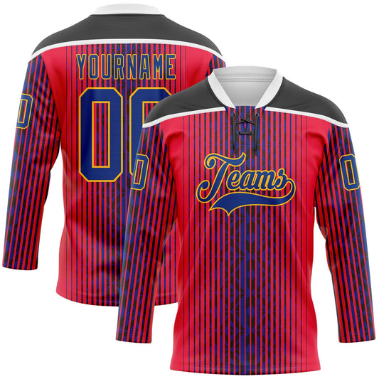 Custom Red Royal Black Gold-White Stripe Hockey Lace Neck Jersey - Main View
