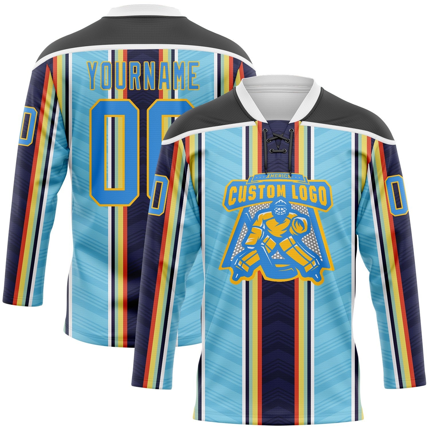 Custom Blue Powder Blue Black Red Gold-White Stripe Hockey Lace Neck Jersey view 2