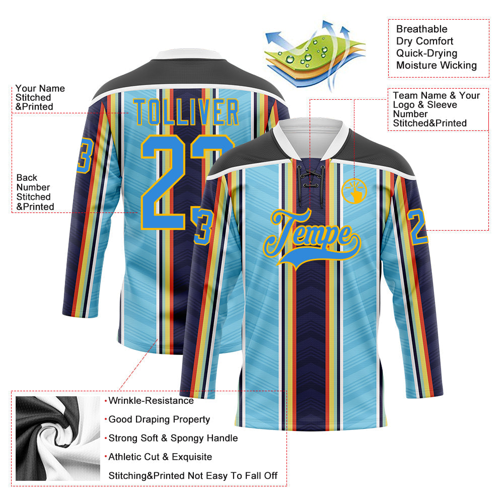 Custom Blue Powder Blue Black Red Gold-White Stripe Hockey Lace Neck Jersey view 5