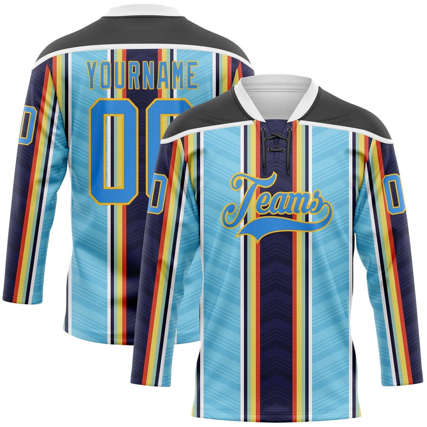 Custom Blue Powder Blue Black Red Gold-White Stripe Hockey Lace Neck Jersey - Main View