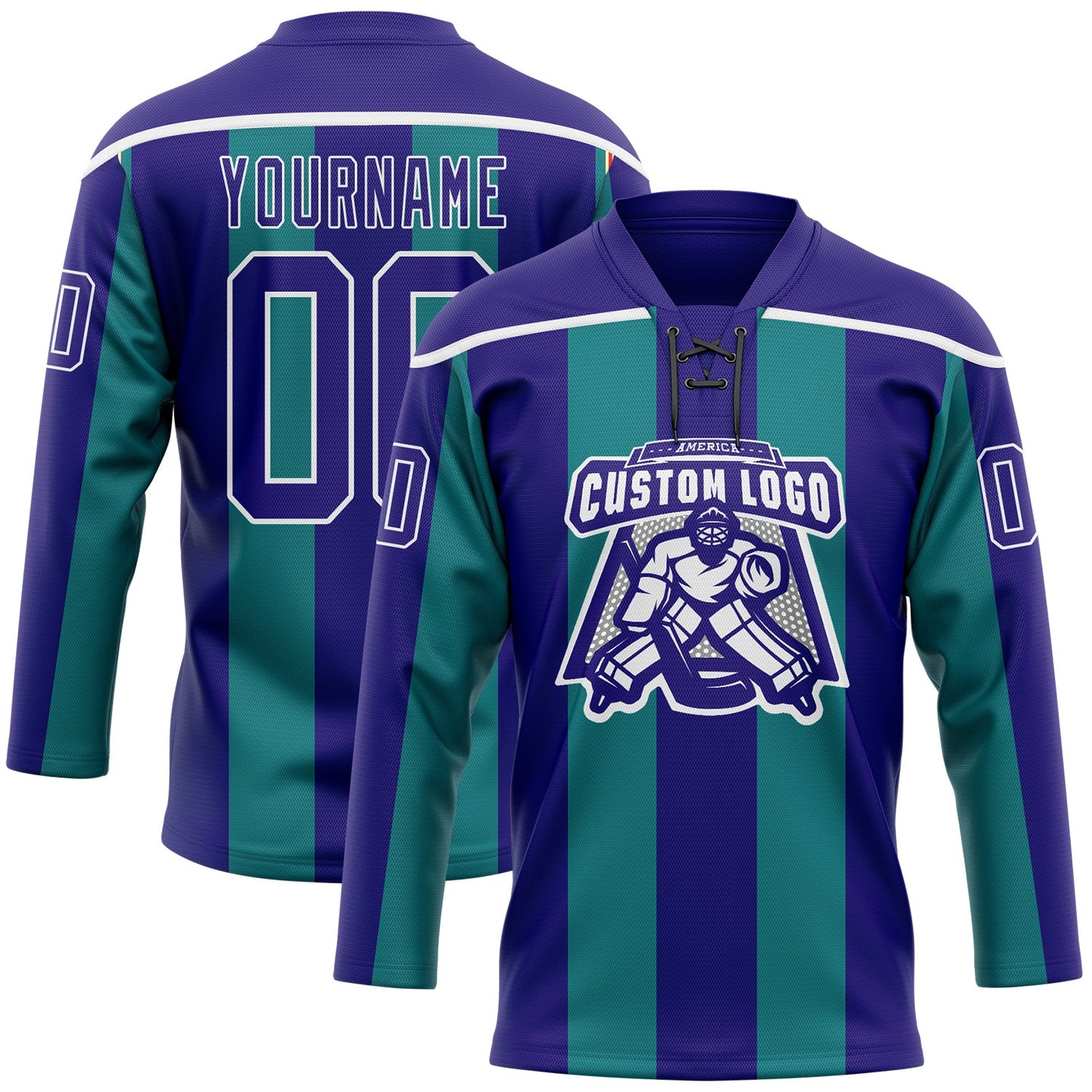 Custom Dark Purple Green-White Stripe Hockey Lace Neck Jersey view 2