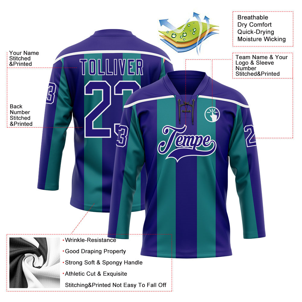 Custom Dark Purple Green-White Stripe Hockey Lace Neck Jersey view 5