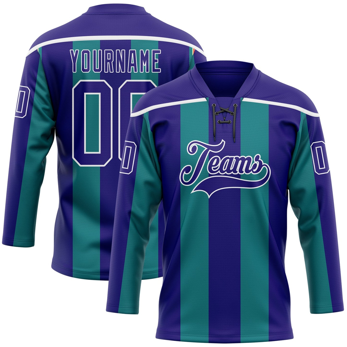 Custom Dark Purple Green-White Stripe Hockey Lace Neck Jersey - Main View