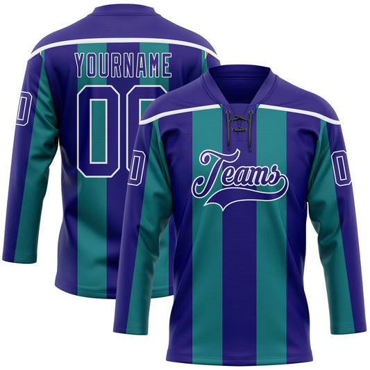 Custom Dark Purple Green-White Stripe Hockey Lace Neck Jersey - Main View