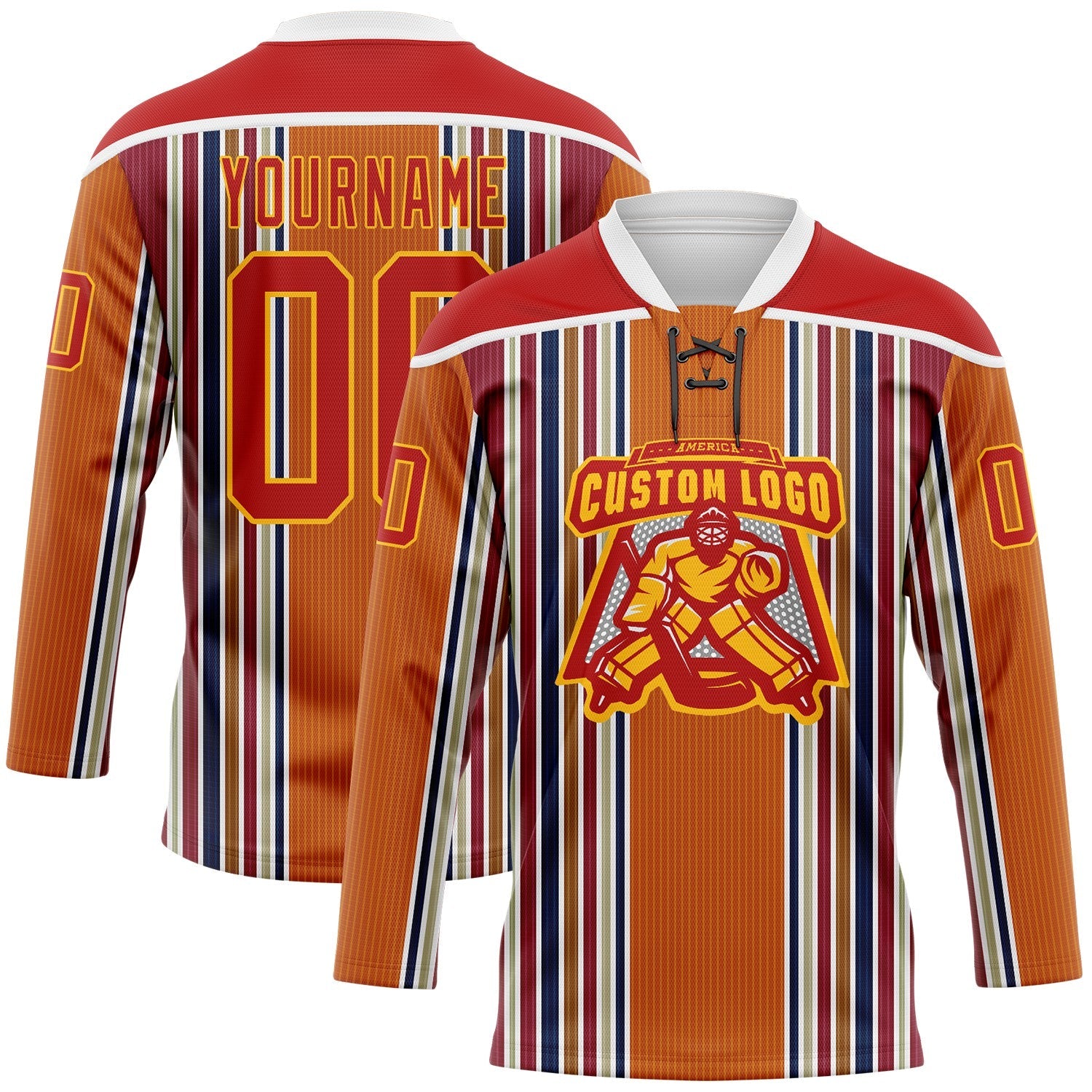 Custom Orange Red Blue Gold-White Stripe Hockey Lace Neck Jersey view 2