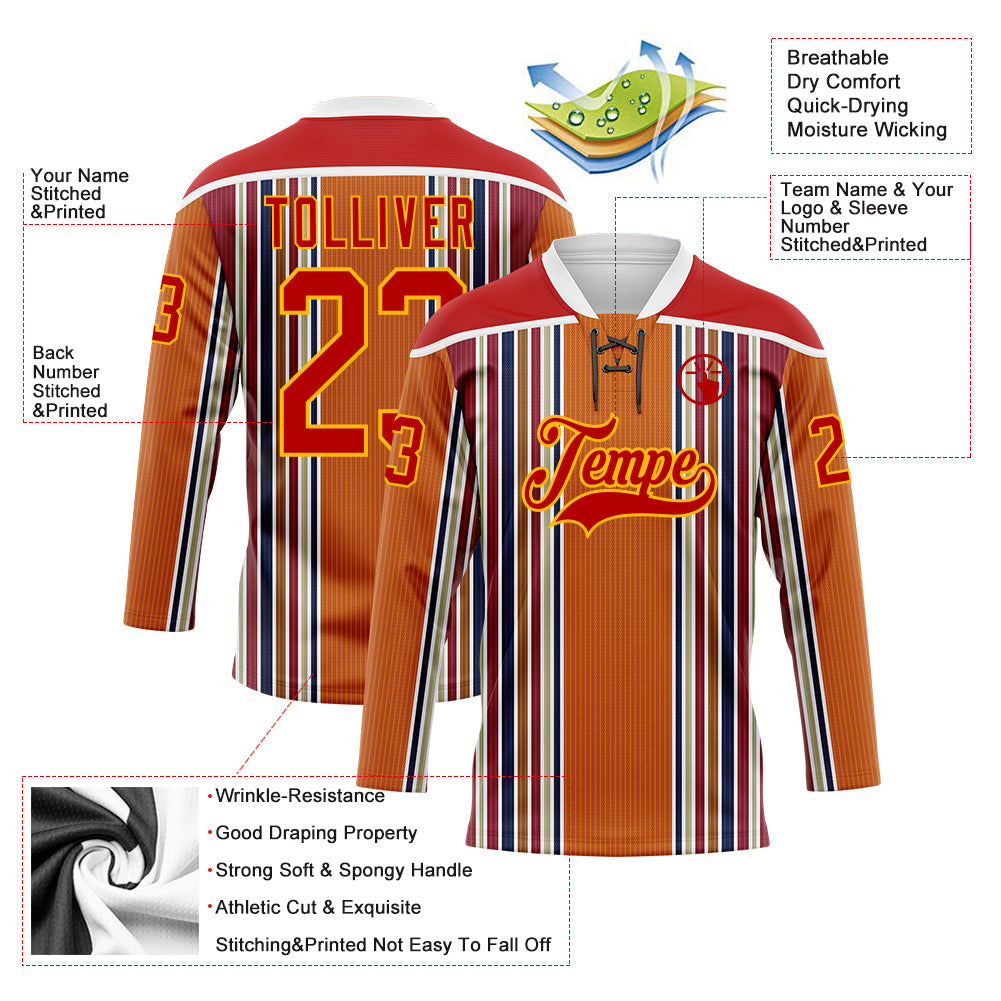 Custom Orange Red Blue Gold-White Stripe Hockey Lace Neck Jersey view 5