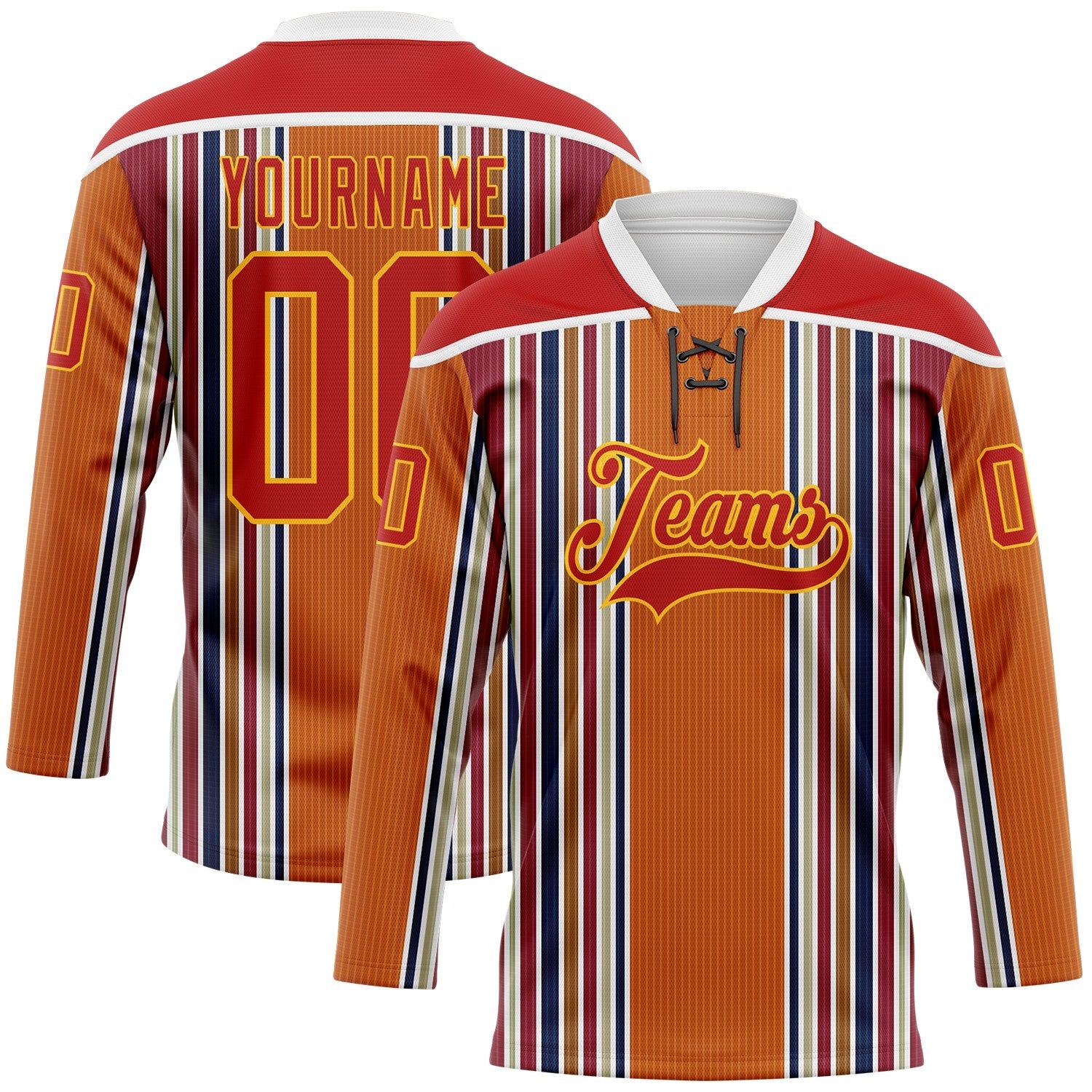 Custom Orange Red Blue Gold-White Stripe Hockey Lace Neck Jersey - Main View