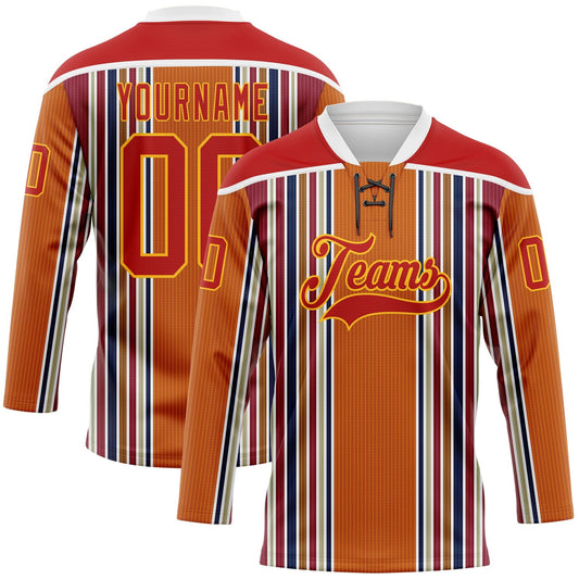 Custom Orange Red Blue Gold-White Stripe Hockey Lace Neck Jersey - Main View
