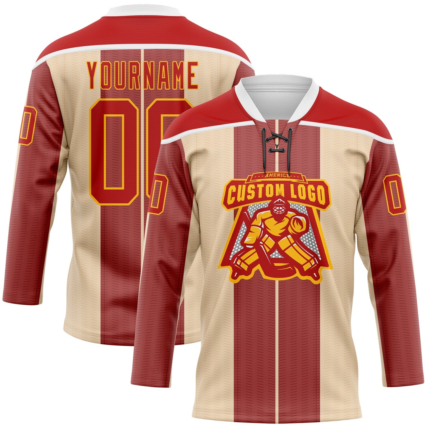 Custom Red Cream Gold-White Stripe Hockey Lace Neck Jersey view 2