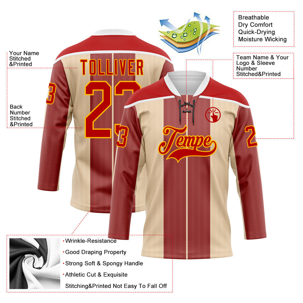 Custom Red Cream Gold-White Stripe Hockey Lace Neck Jersey view 5