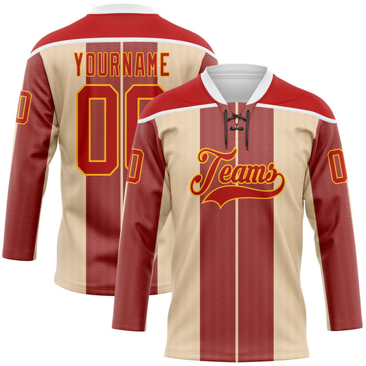 Custom Red Cream Gold-White Stripe Hockey Lace Neck Jersey - Main View
