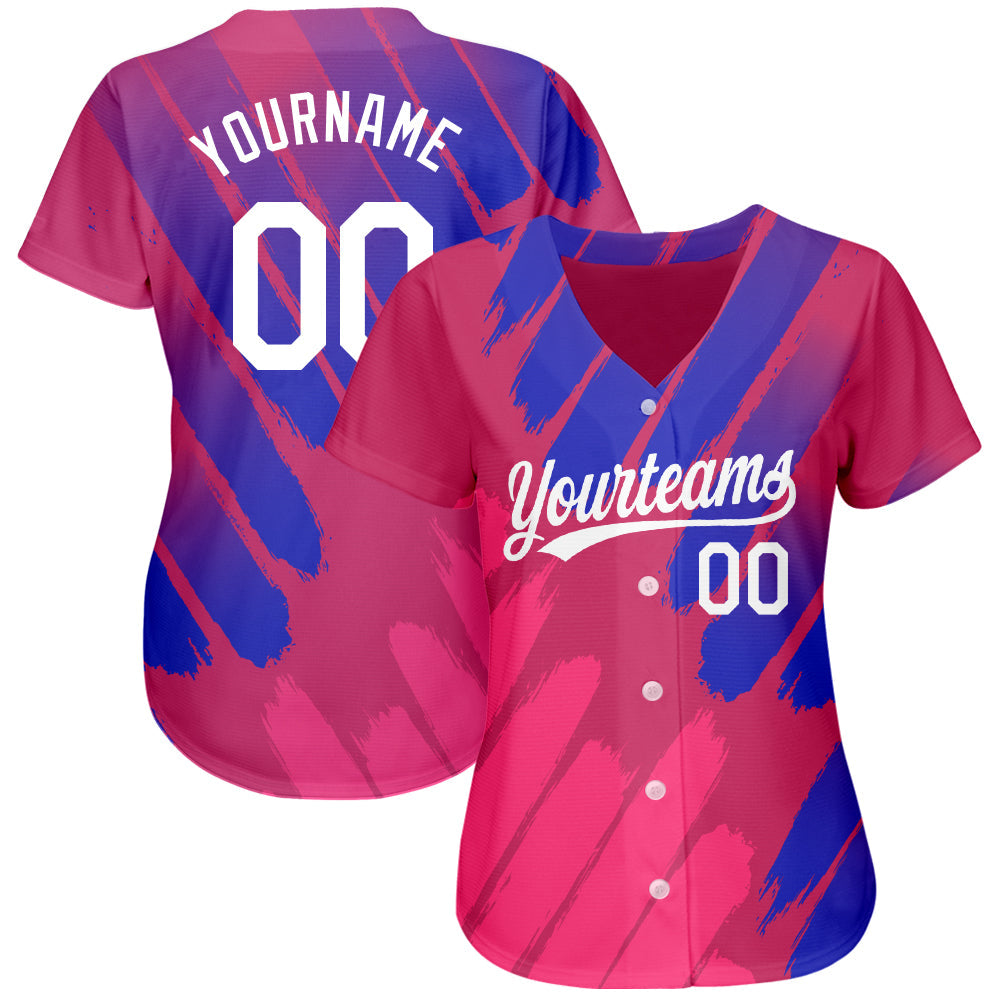 Custom Pink White-Royal 3D Pattern Design Authentic Baseball Jersey view 2