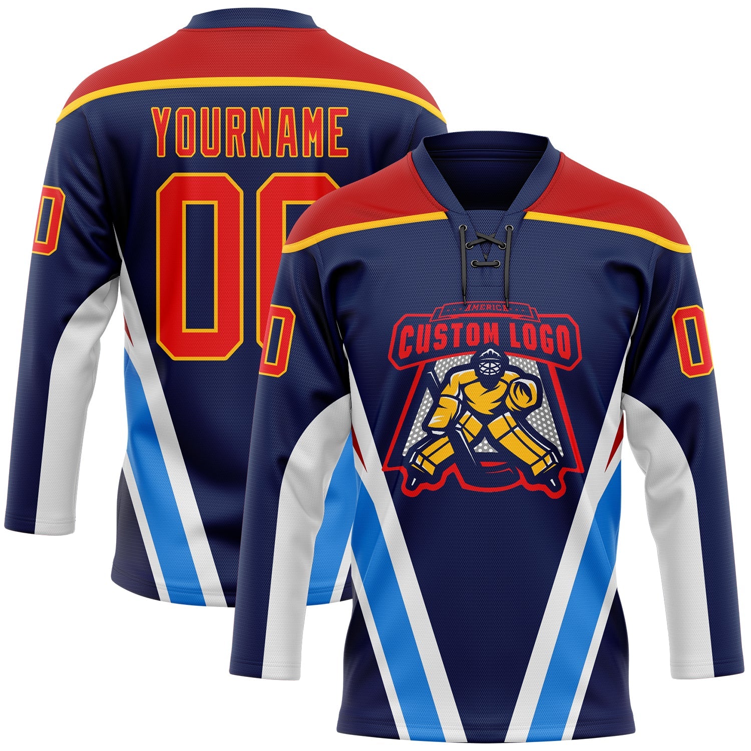 Custom Navy Fire Red Gold Blue-White Abstract Pattern Graphic Cyber Mecha E-sport Hockey Lace Neck Jersey view 2