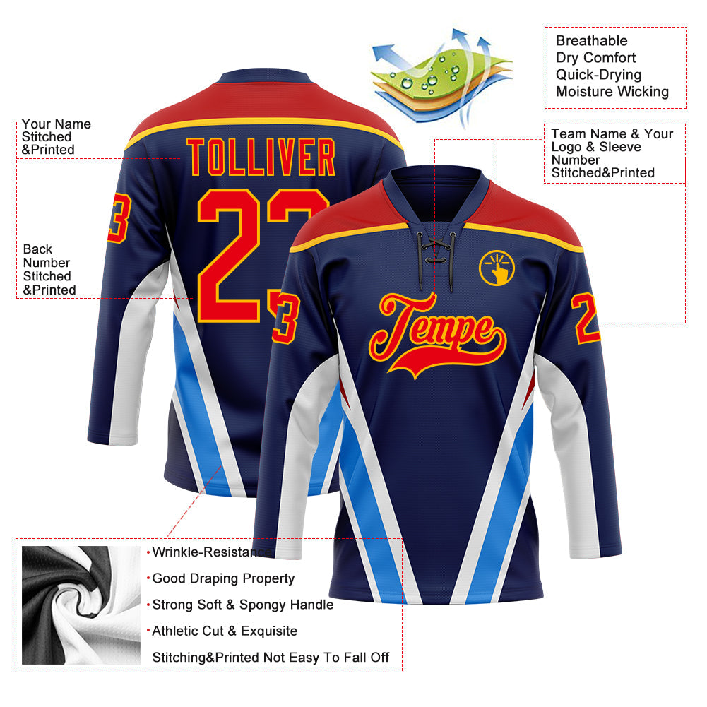 Custom Navy Fire Red Gold Blue-White Abstract Pattern Graphic Cyber Mecha E-sport Hockey Lace Neck Jersey view 5