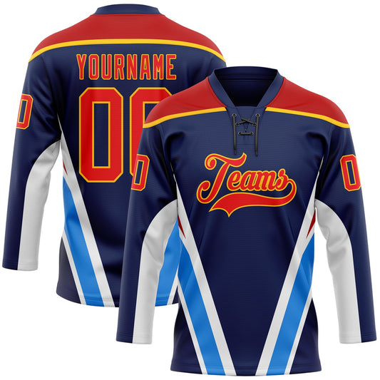 Custom Navy Fire Red Gold Blue-White Abstract Pattern Graphic Cyber Mecha E-sport Hockey Lace Neck Jersey - Main View
