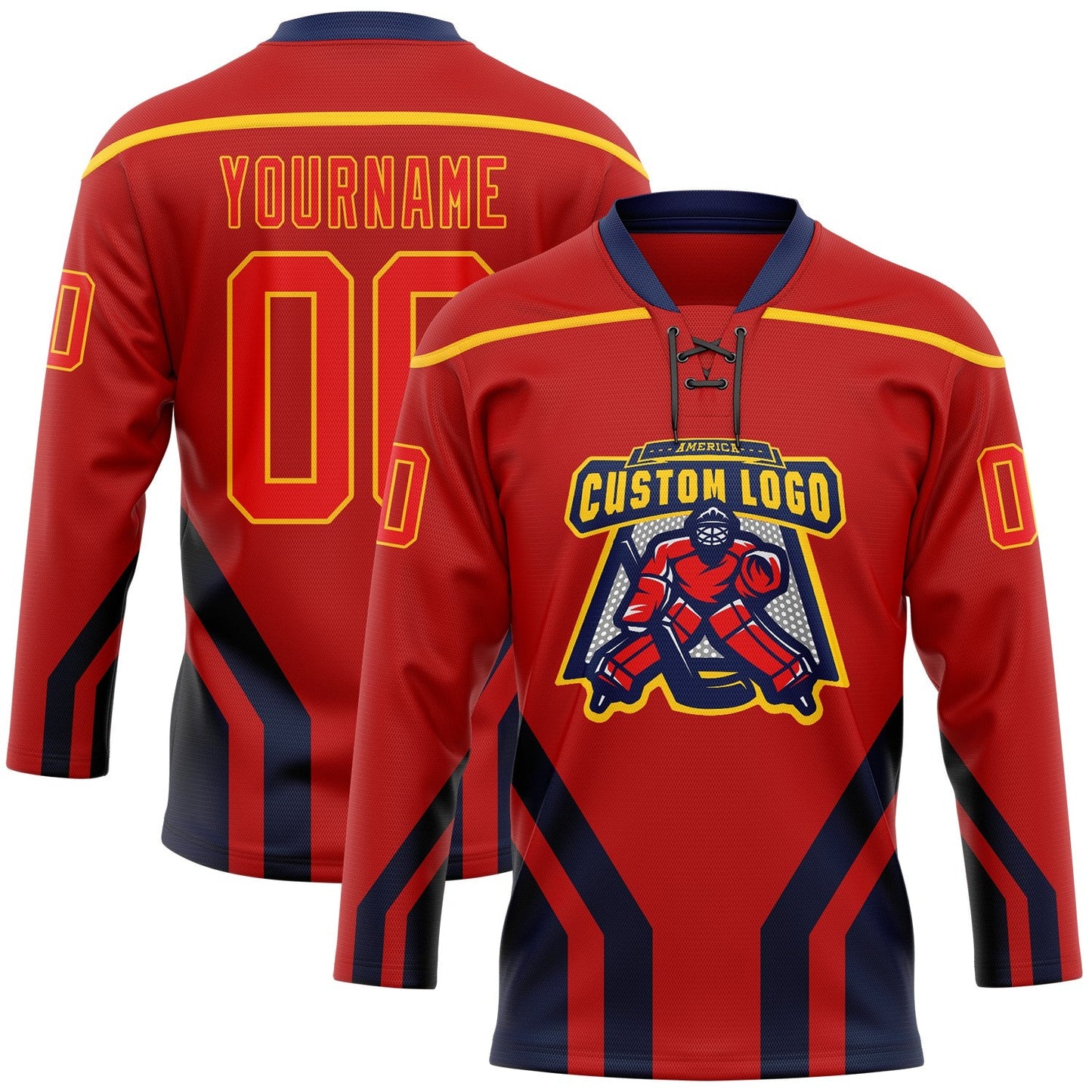 Custom Red Fire Red Gold-Navy Abstract Pattern Graphic Cyber Mecha E-sport Hockey Lace Neck Jersey view 2