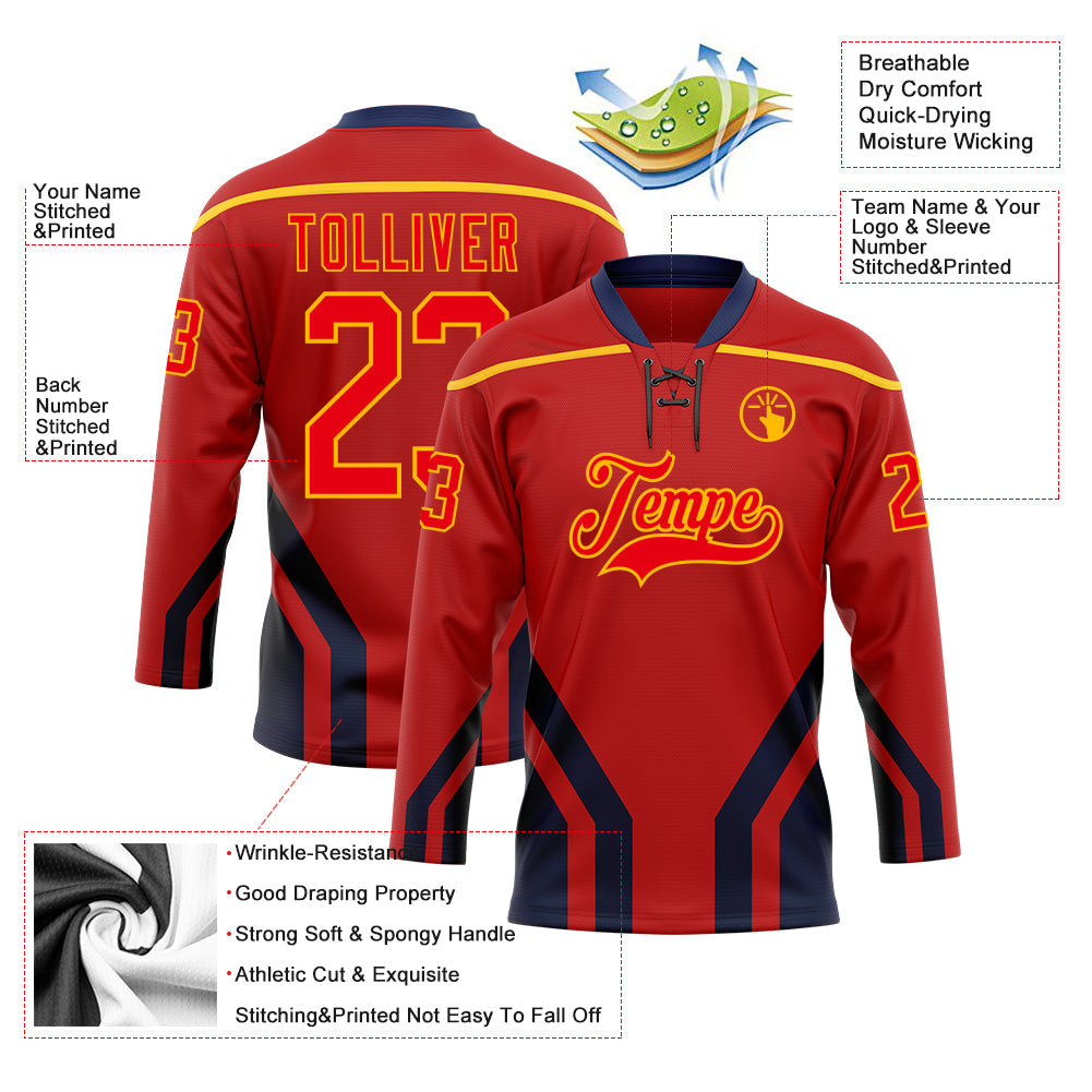 Custom Red Fire Red Gold-Navy Abstract Pattern Graphic Cyber Mecha E-sport Hockey Lace Neck Jersey view 5