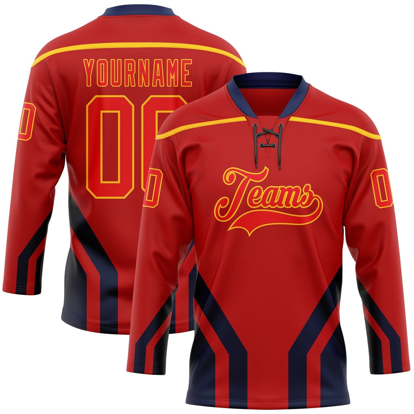 Custom Red Fire Red Gold-Navy Abstract Pattern Graphic Cyber Mecha E-sport Hockey Lace Neck Jersey - Main View