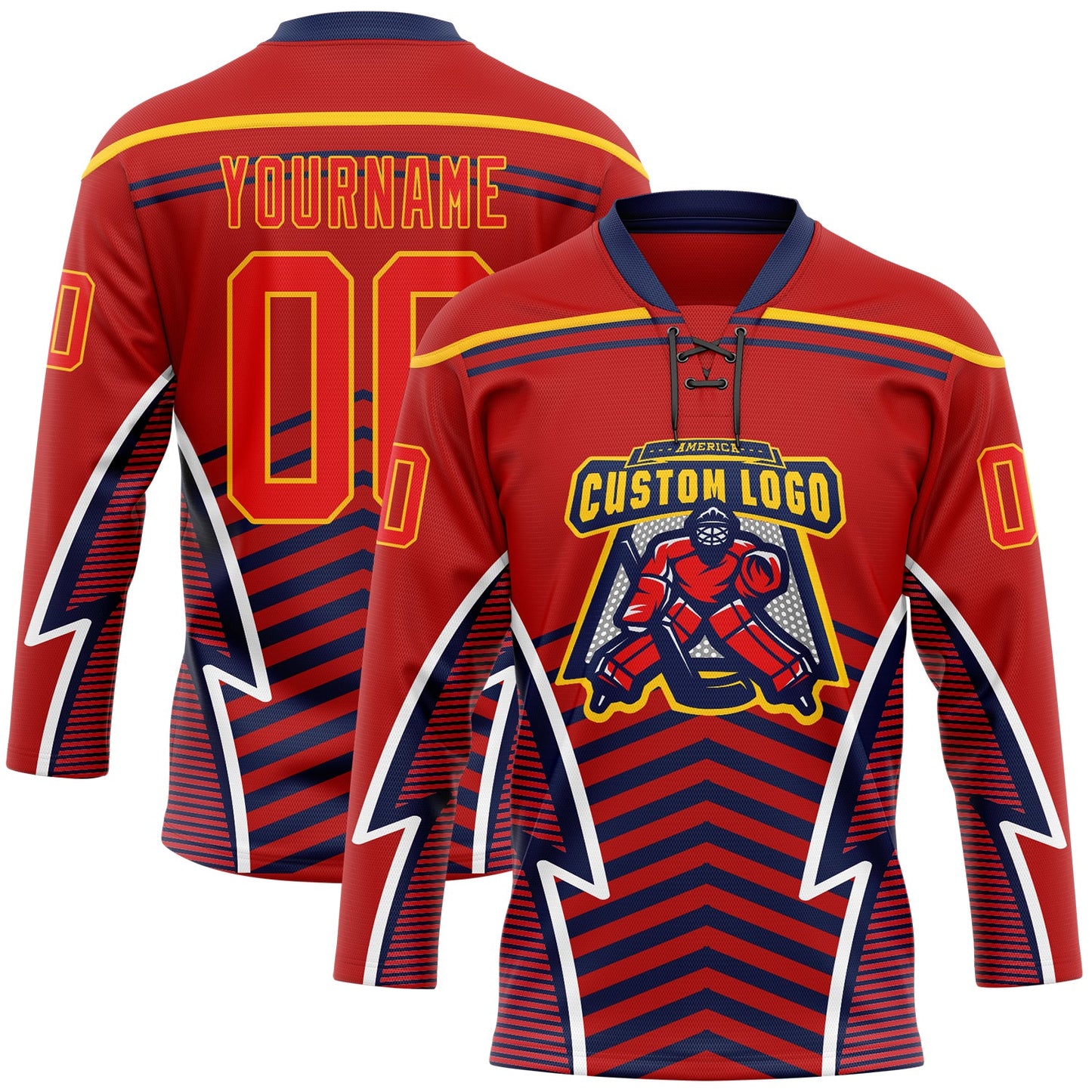 Custom Red Fire Red Gold Navy-White Abstract Pattern Graphic Cyber Mecha E-sport Hockey Lace Neck Jersey view 2