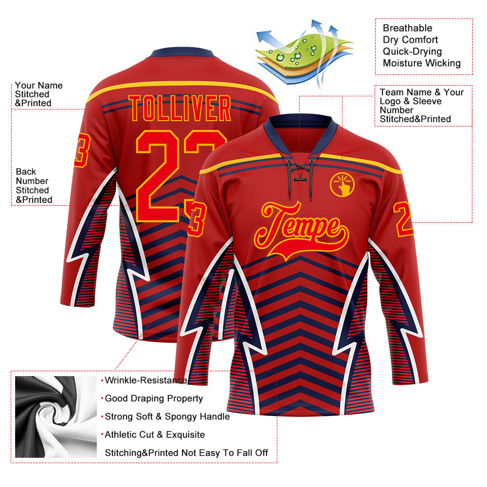 Custom Red Fire Red Gold Navy-White Abstract Pattern Graphic Cyber Mecha E-sport Hockey Lace Neck Jersey view 5