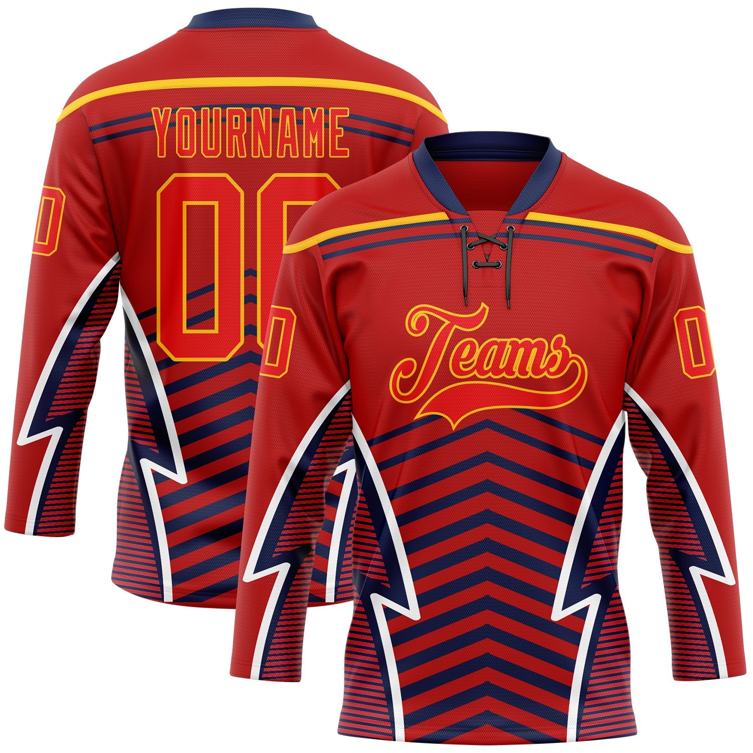 Custom Red Fire Red Gold Navy-White Abstract Pattern Graphic Cyber Mecha E-sport Hockey Lace Neck Jersey - Main View