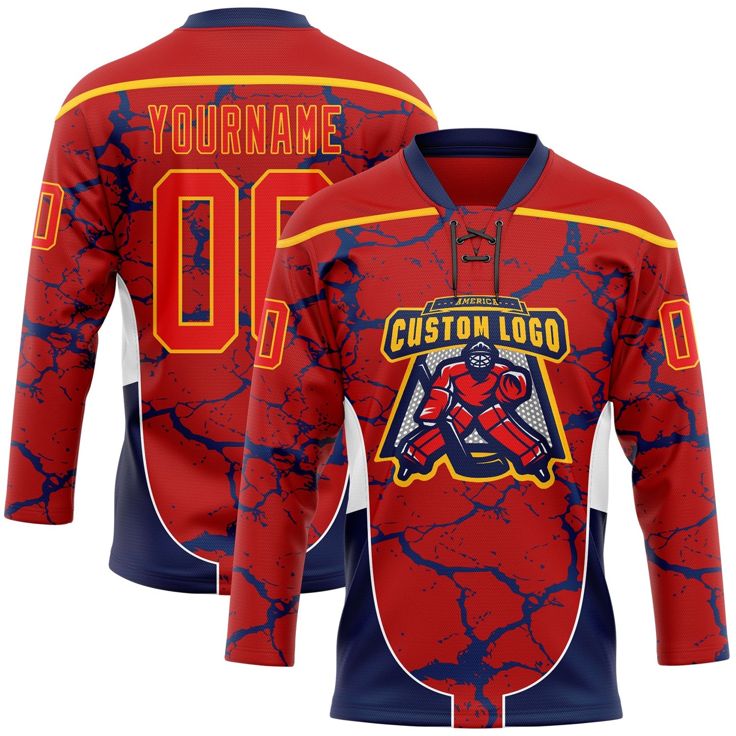 Custom Red Fire Red Gold Navy-White Abstract Pattern Graphic Cyber Mecha E-sport Hockey Lace Neck Jersey view 2