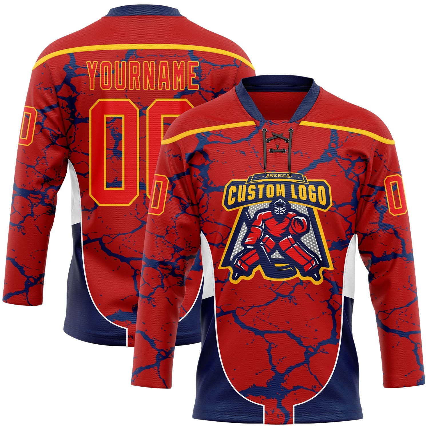 Custom Red Fire Red Gold Navy-White Abstract Pattern Graphic Cyber Mecha E-sport Hockey Lace Neck Jersey view 2