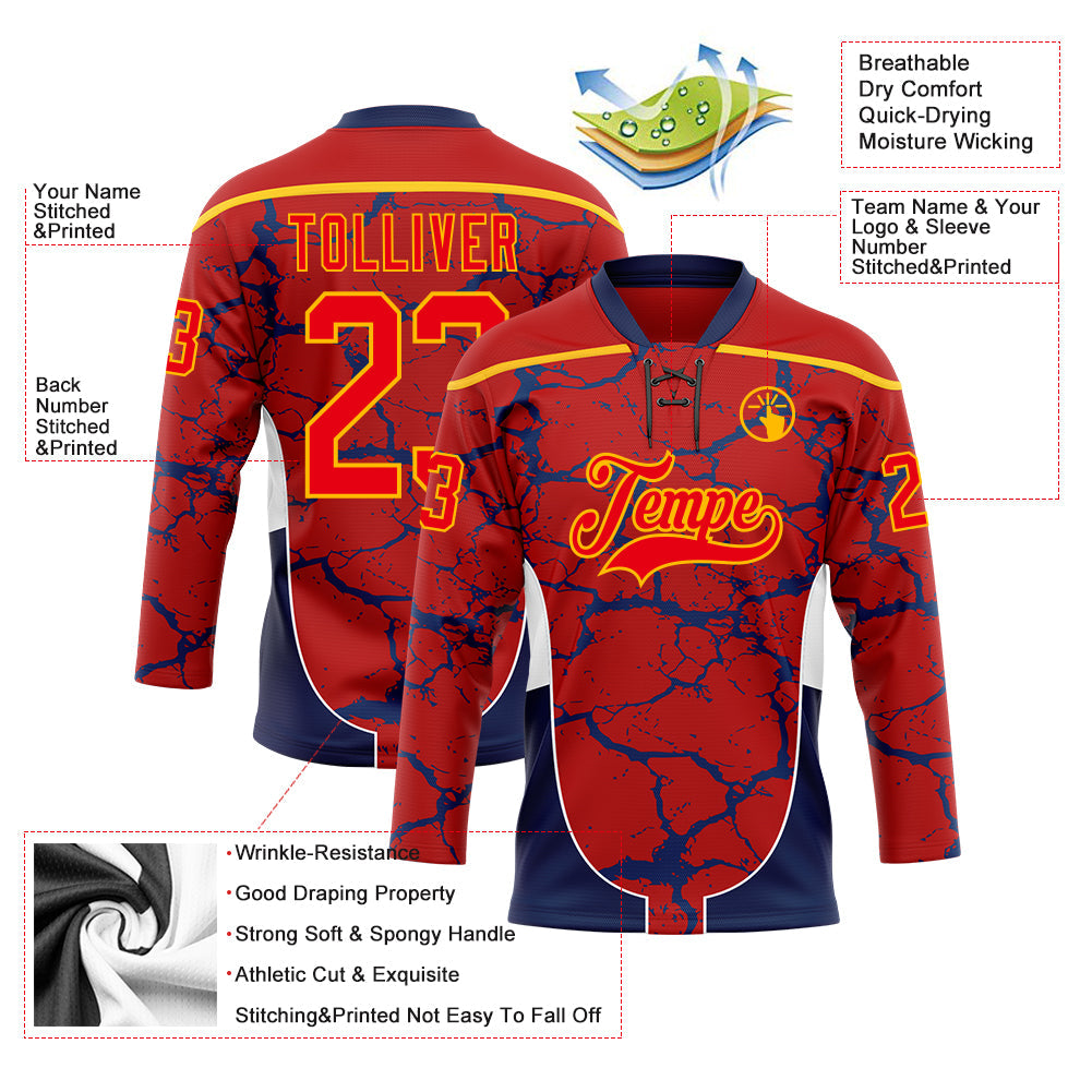 Custom Red Fire Red Gold Navy-White Abstract Pattern Graphic Cyber Mecha E-sport Hockey Lace Neck Jersey view 5