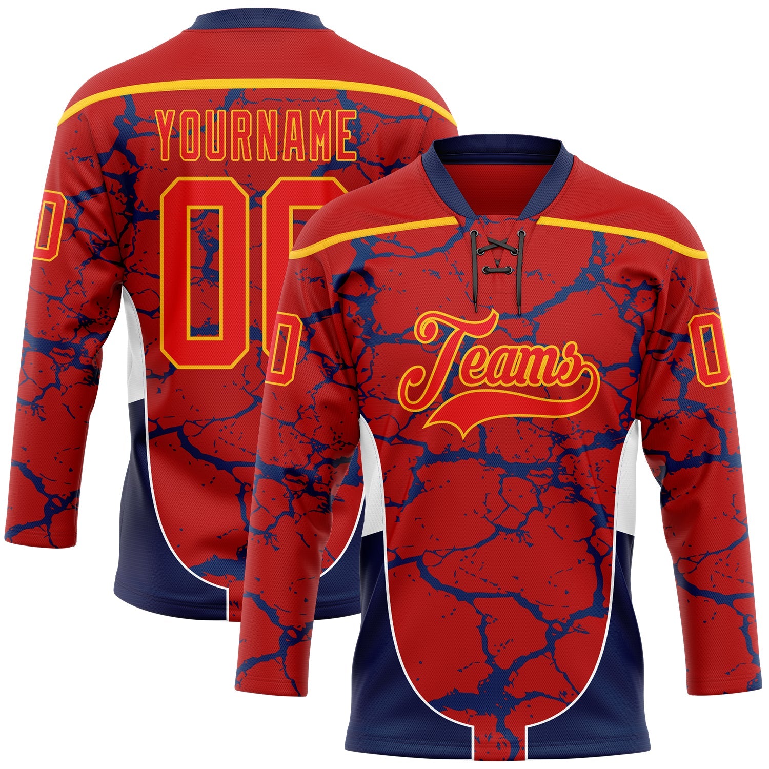 Custom Red Fire Red Gold Navy-White Abstract Pattern Graphic Cyber Mecha E-sport Hockey Lace Neck Jersey - Main View