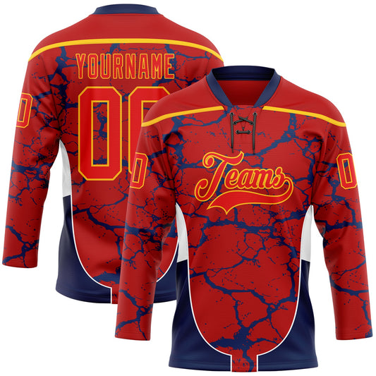 Custom Red Fire Red Gold Navy-White Abstract Pattern Graphic Cyber Mecha E-sport Hockey Lace Neck Jersey - Main View