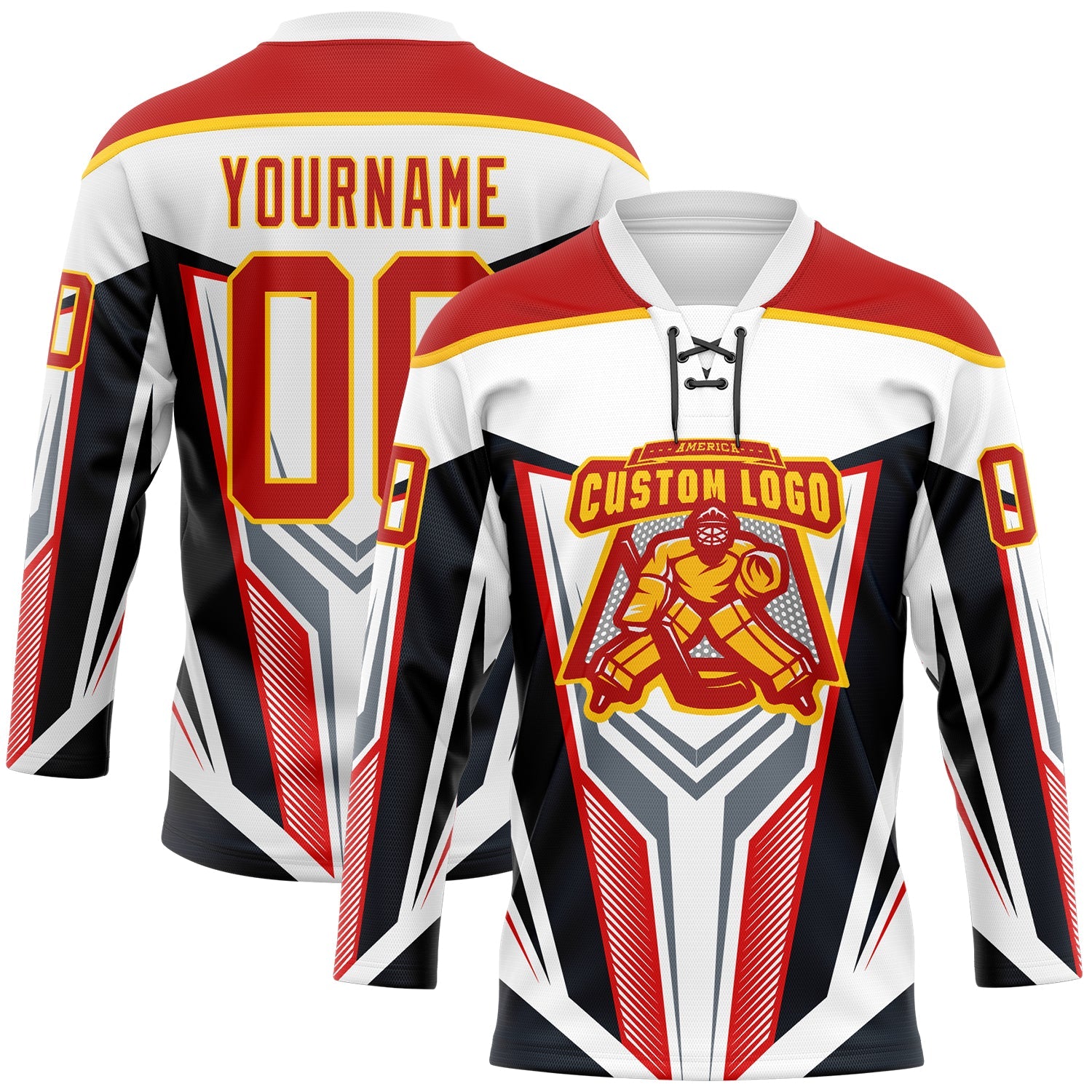 Custom White Red Yellow Black Gray-White Abstract Pattern Graphic Cyber Mecha E-sport Hockey Lace Neck Jersey view 2