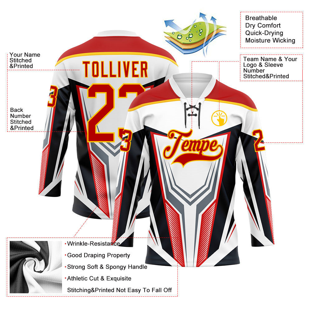 Custom White Red Yellow Black Gray-White Abstract Pattern Graphic Cyber Mecha E-sport Hockey Lace Neck Jersey view 5