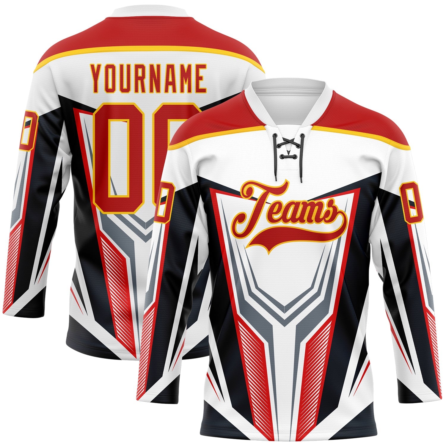 Custom White Red Yellow Black Gray-White Abstract Pattern Graphic Cyber Mecha E-sport Hockey Lace Neck Jersey - Main View
