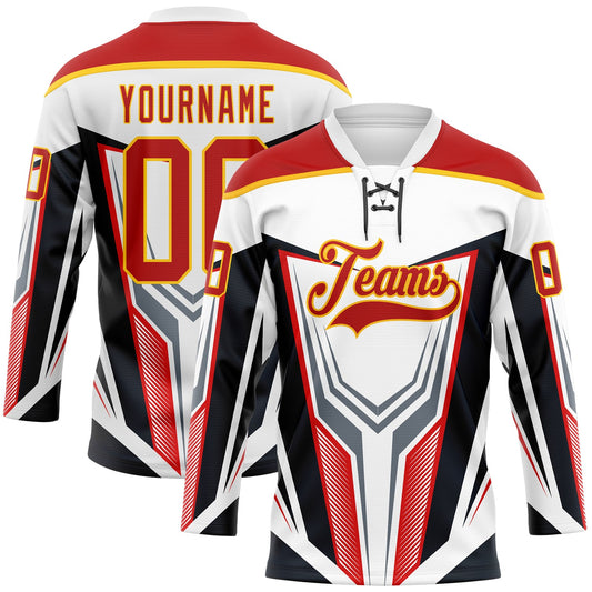 Custom White Red Yellow Black Gray-White Abstract Pattern Graphic Cyber Mecha E-sport Hockey Lace Neck Jersey - Main View
