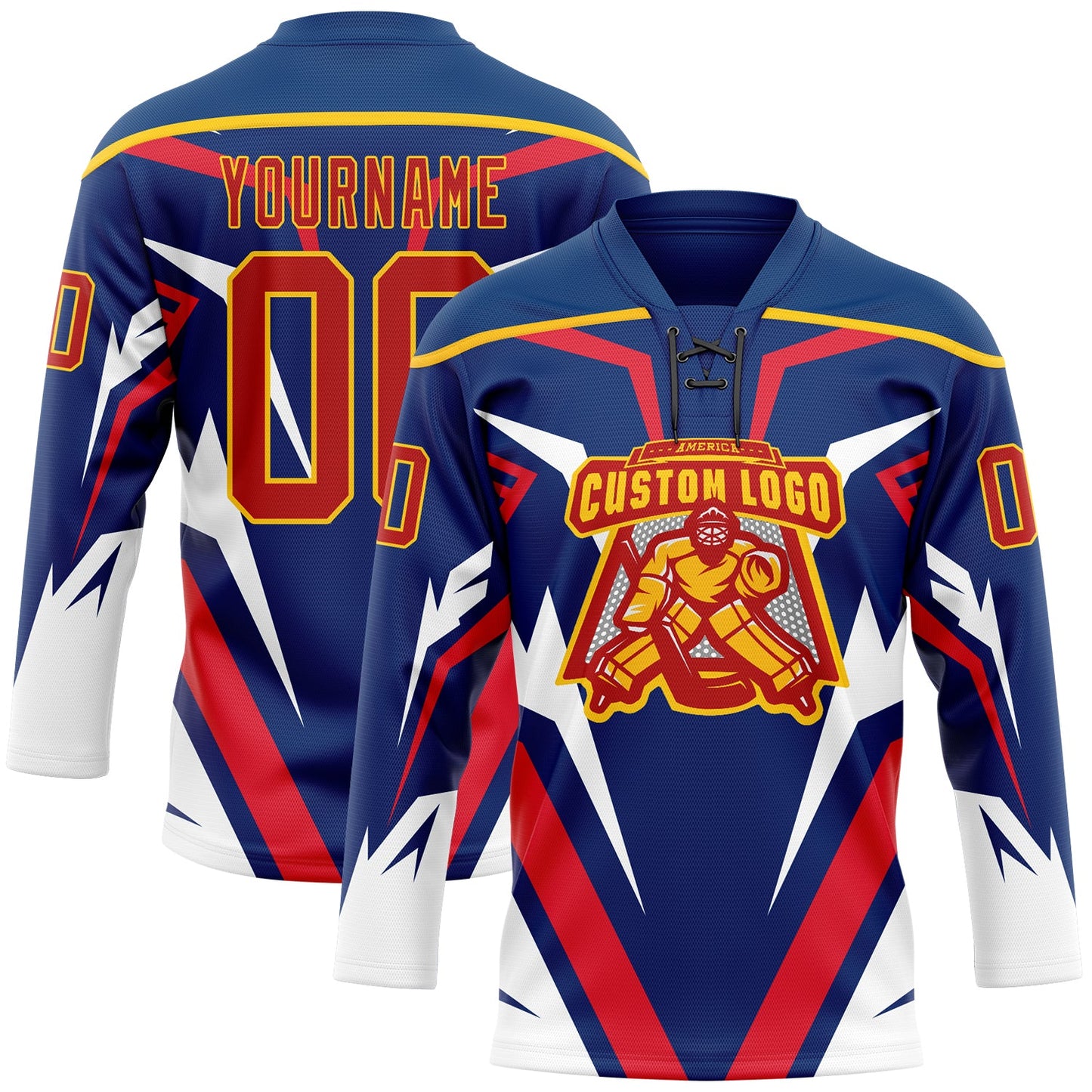 Custom US Navy Blue Red Yellow-White Abstract Pattern Graphic Cyber Mecha E-sport Hockey Lace Neck Jersey view 2