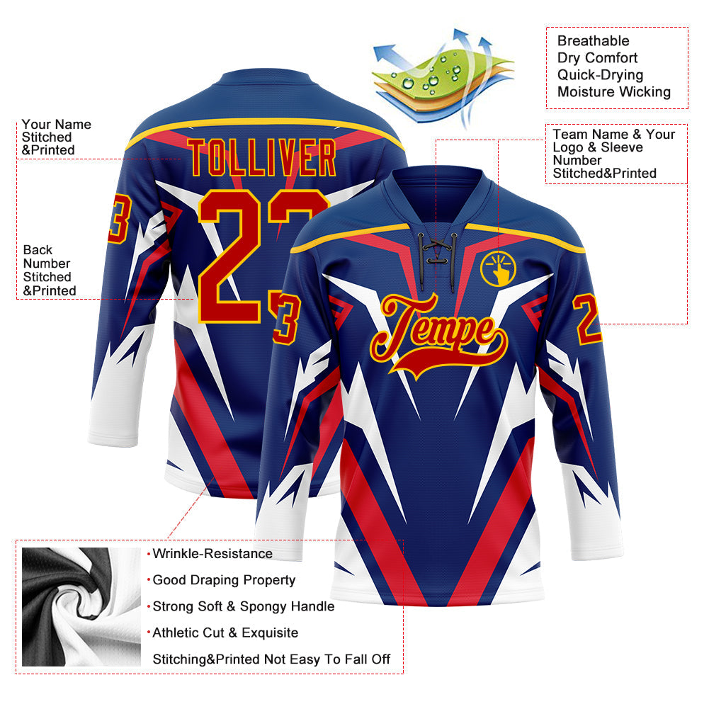 Custom US Navy Blue Red Yellow-White Abstract Pattern Graphic Cyber Mecha E-sport Hockey Lace Neck Jersey view 5