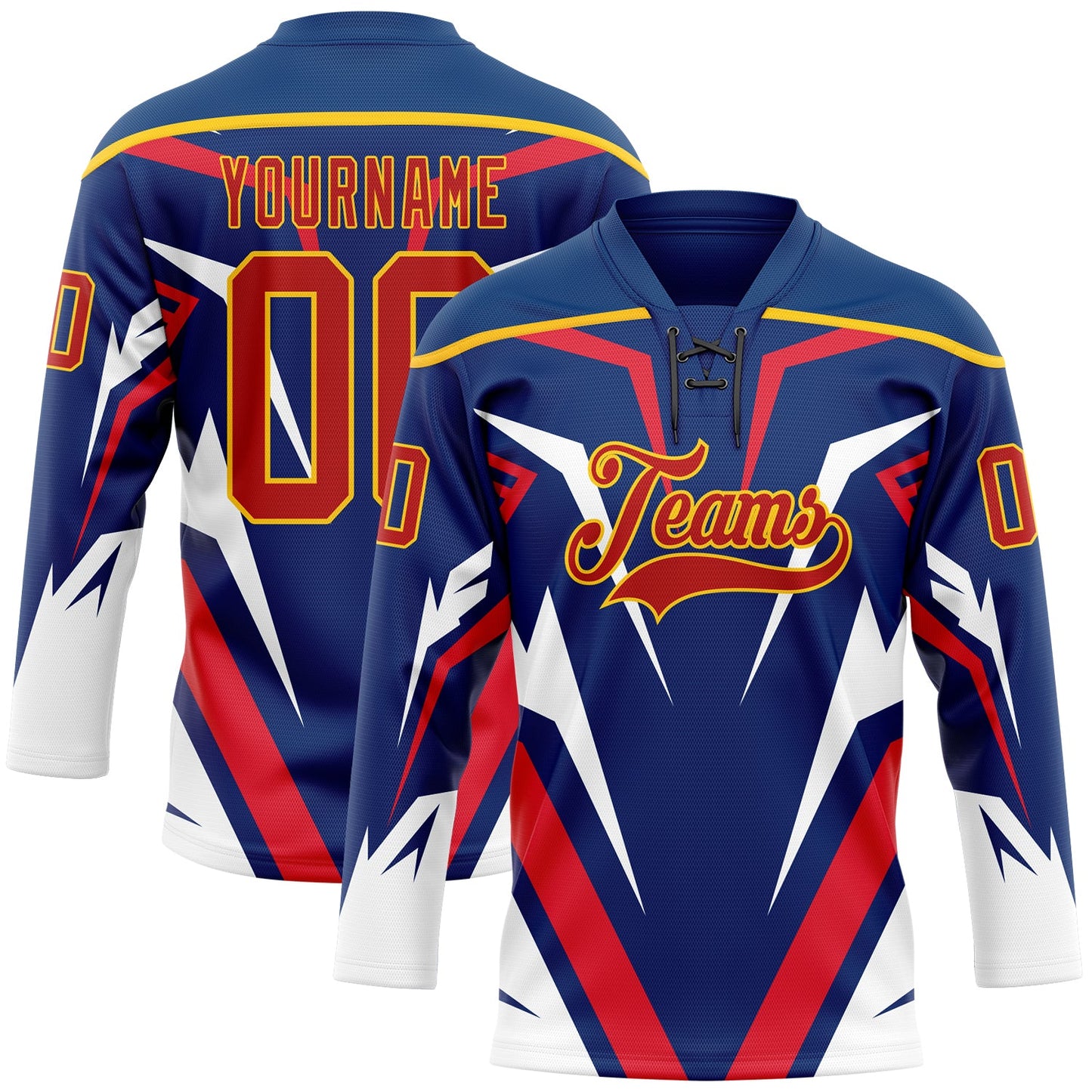 Custom US Navy Blue Red Yellow-White Abstract Pattern Graphic Cyber Mecha E-sport Hockey Lace Neck Jersey - Main View